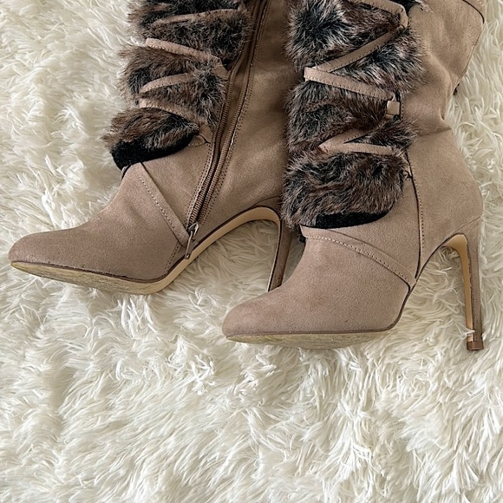 Suede Light Taupe Lace Up Faux Fur Boots - Picture 10 of 17